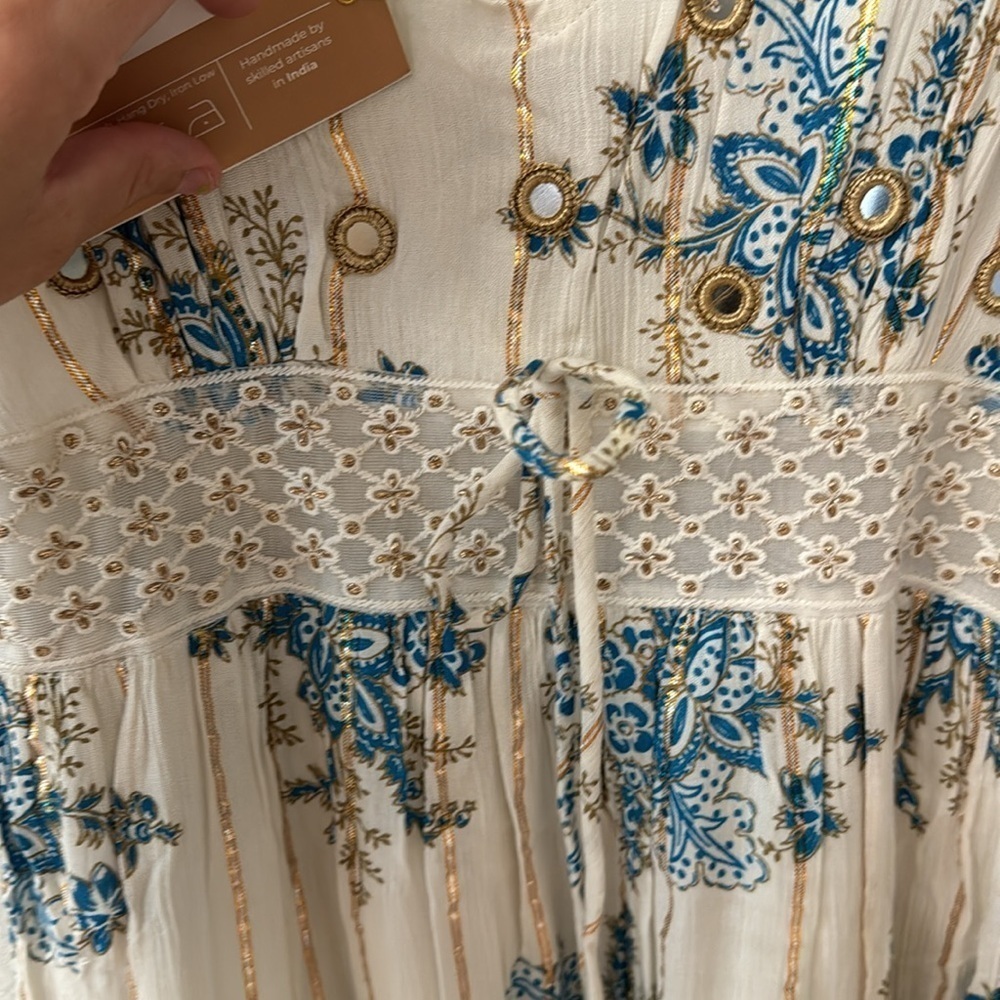 ANANTA S/M Blue Gold Metallic Lace Trim Boho Maxi Dress Made in India 25120 - Picture 8 of 11